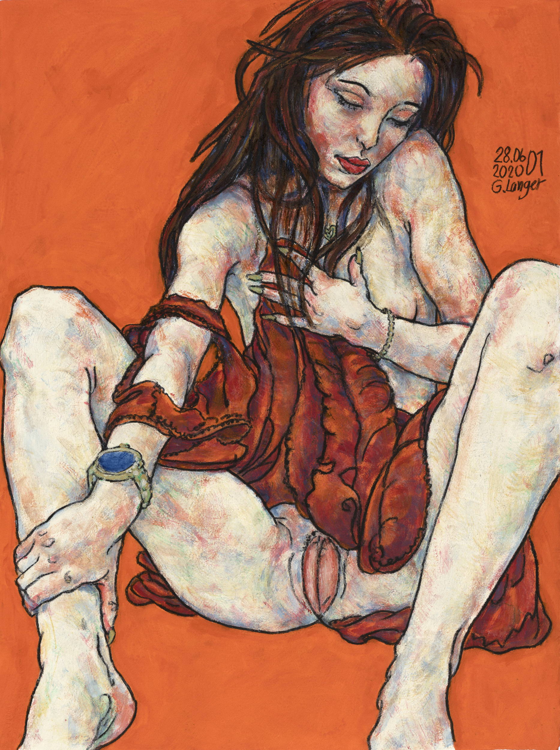 Gunter Langer, Sitzender Mädchenakt mit hochgeschlagenem Kleid, Glücksmomente, 2020, Acryl Wasserfarbe Bleistift, Büttenpapier, 76 x 57 cm
